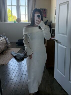 H&M Cream Ribbed Off-Shoulder Dress